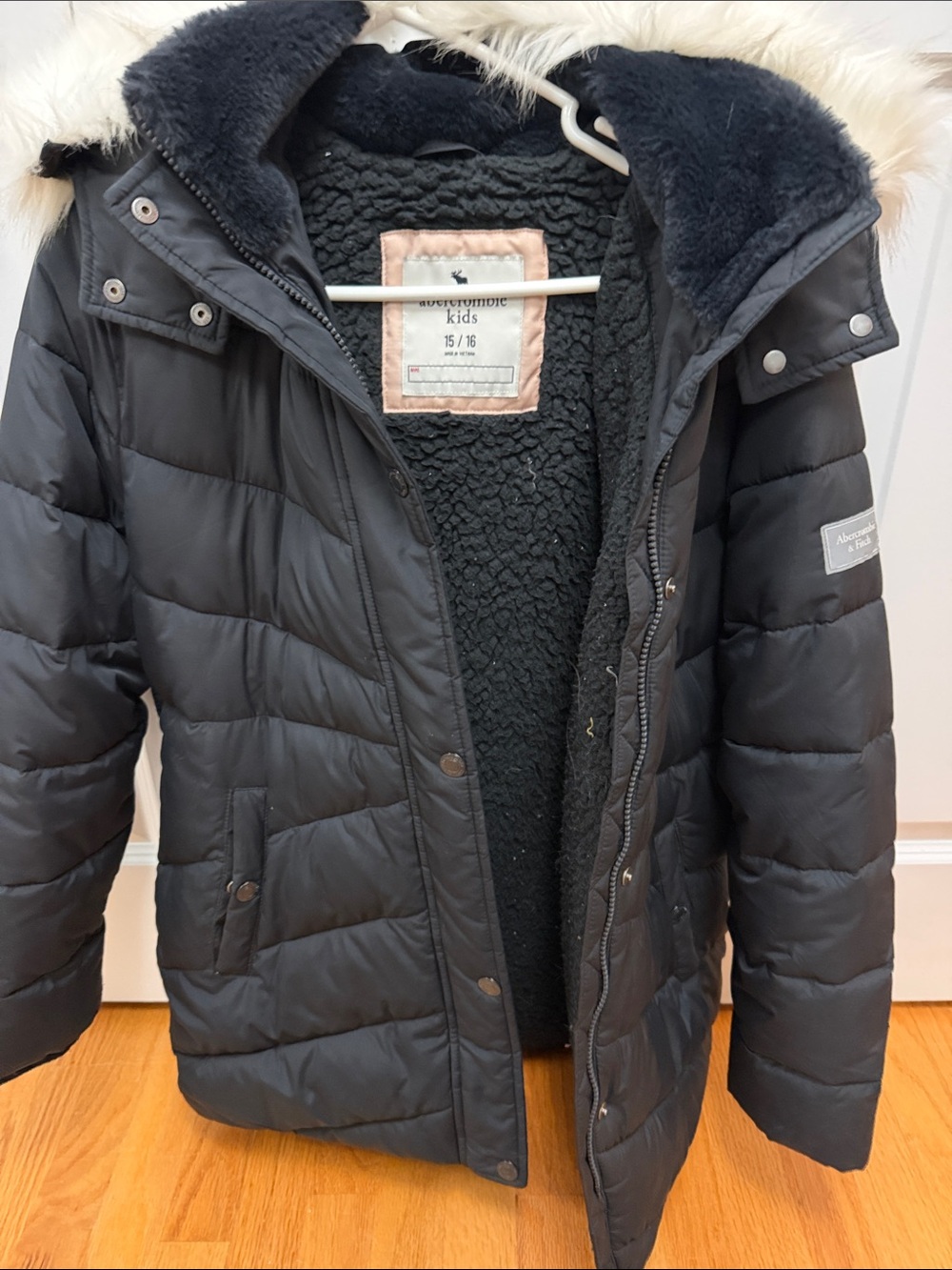 abercrombie kids Black Quilted Puffer Coat with Faux Fur Trim